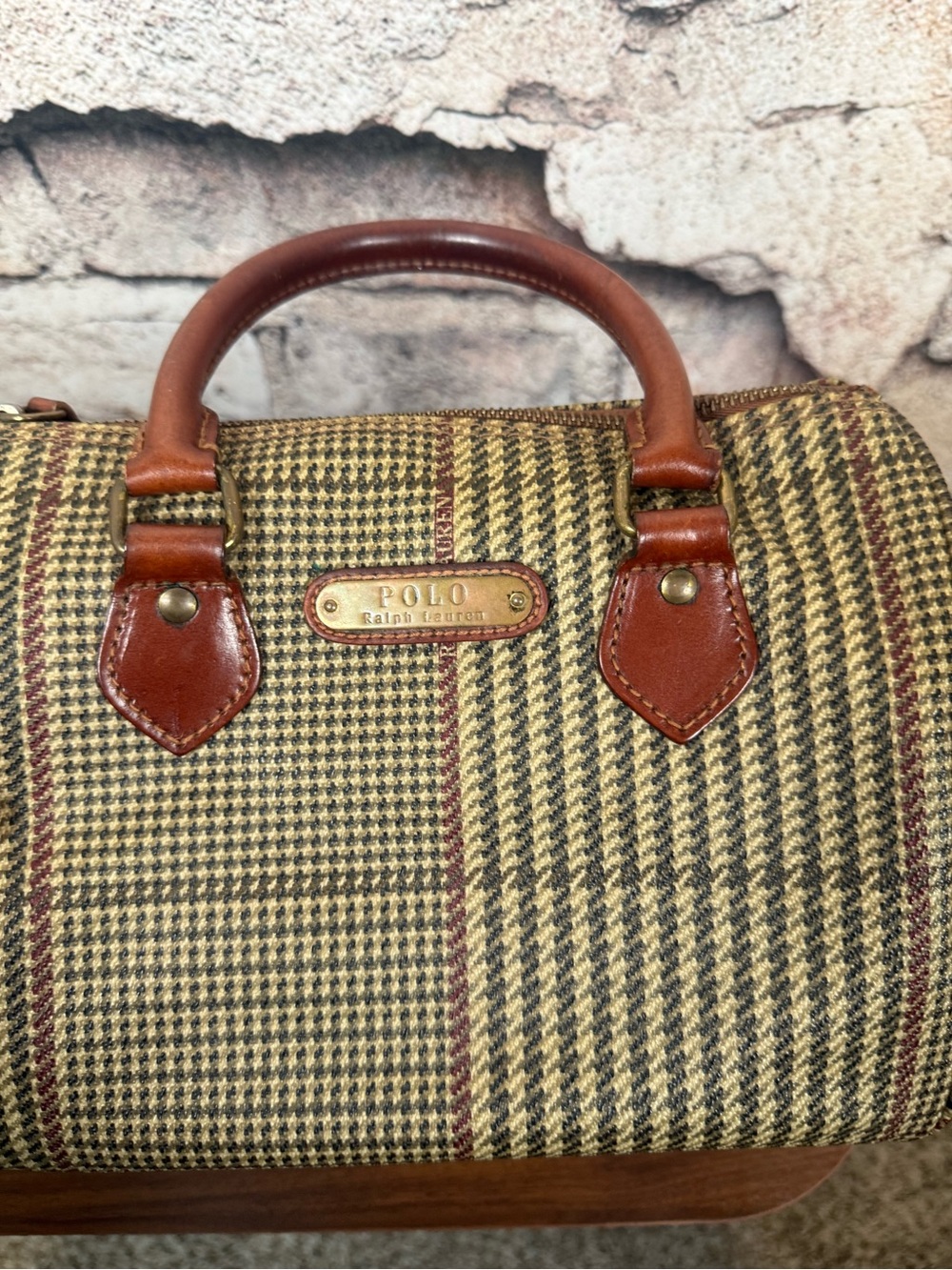 POLO RALPH LAUREN Mini Boston bag Brown Leather PVC Handbag Houndstooth B41